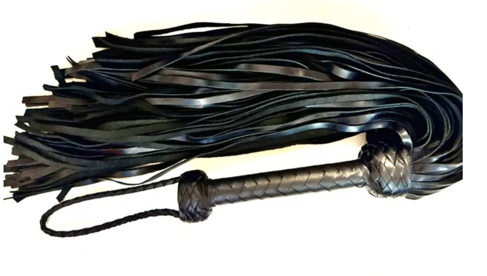Black Cow Leather Flogger 250 with multiple leather falls, braided handle and wrist loop on a white background