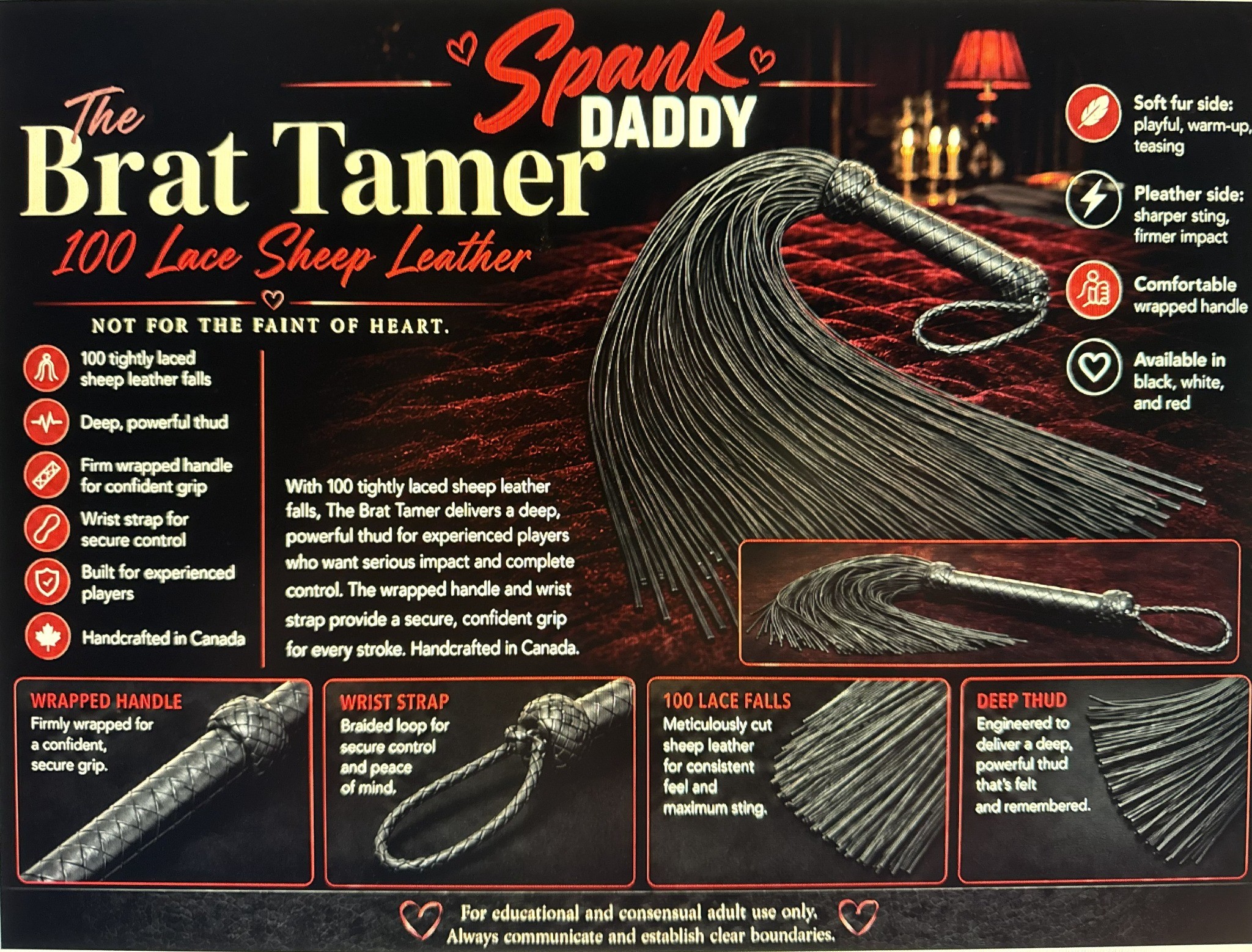 The Brat Tamer black sheep-leather flogger with 100 narrow leather falls, wrapped handle and wrist strap