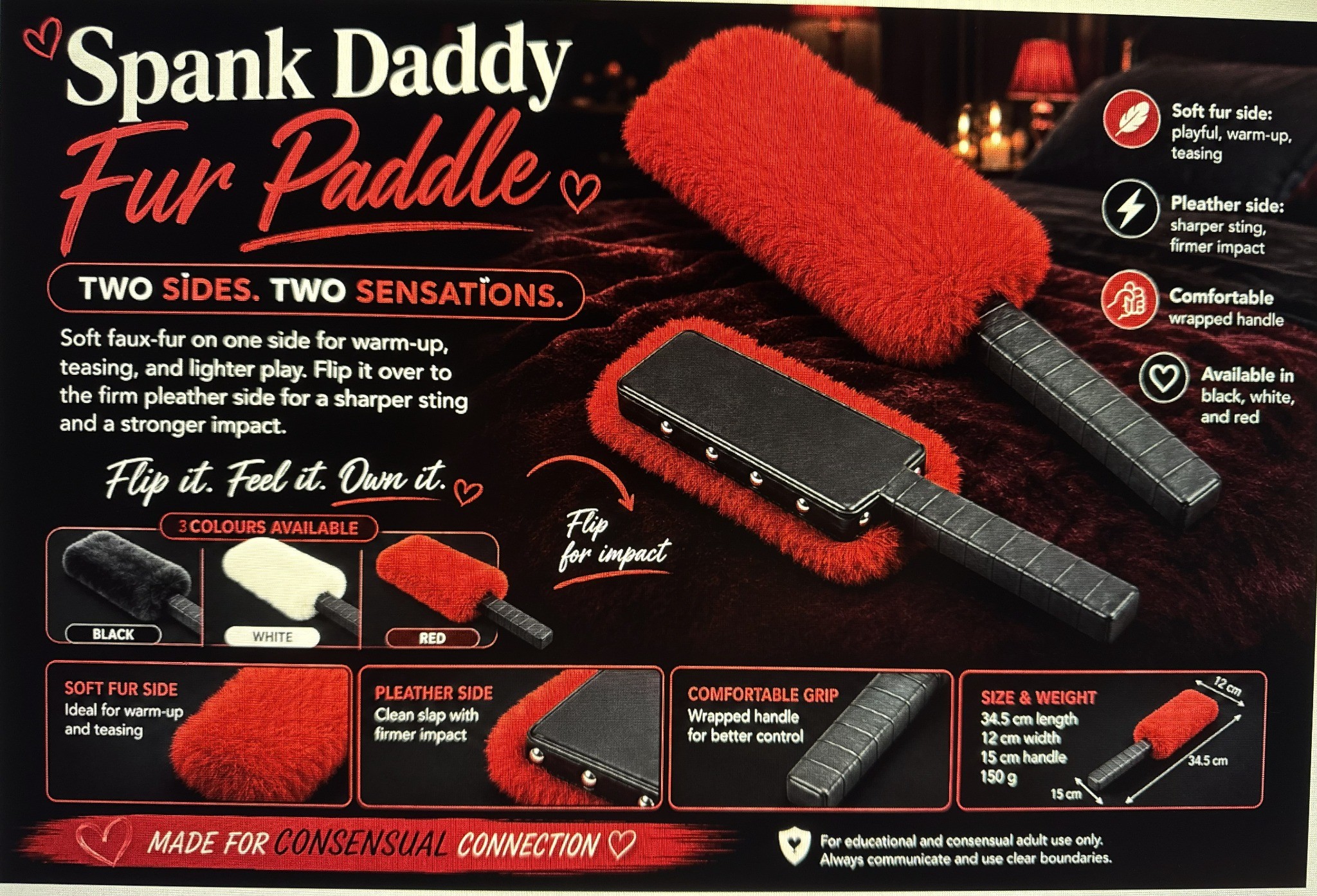 Spank Daddy Fur Paddle in red with a soft faux-fur side, firmer black pleather side and wrapped handle