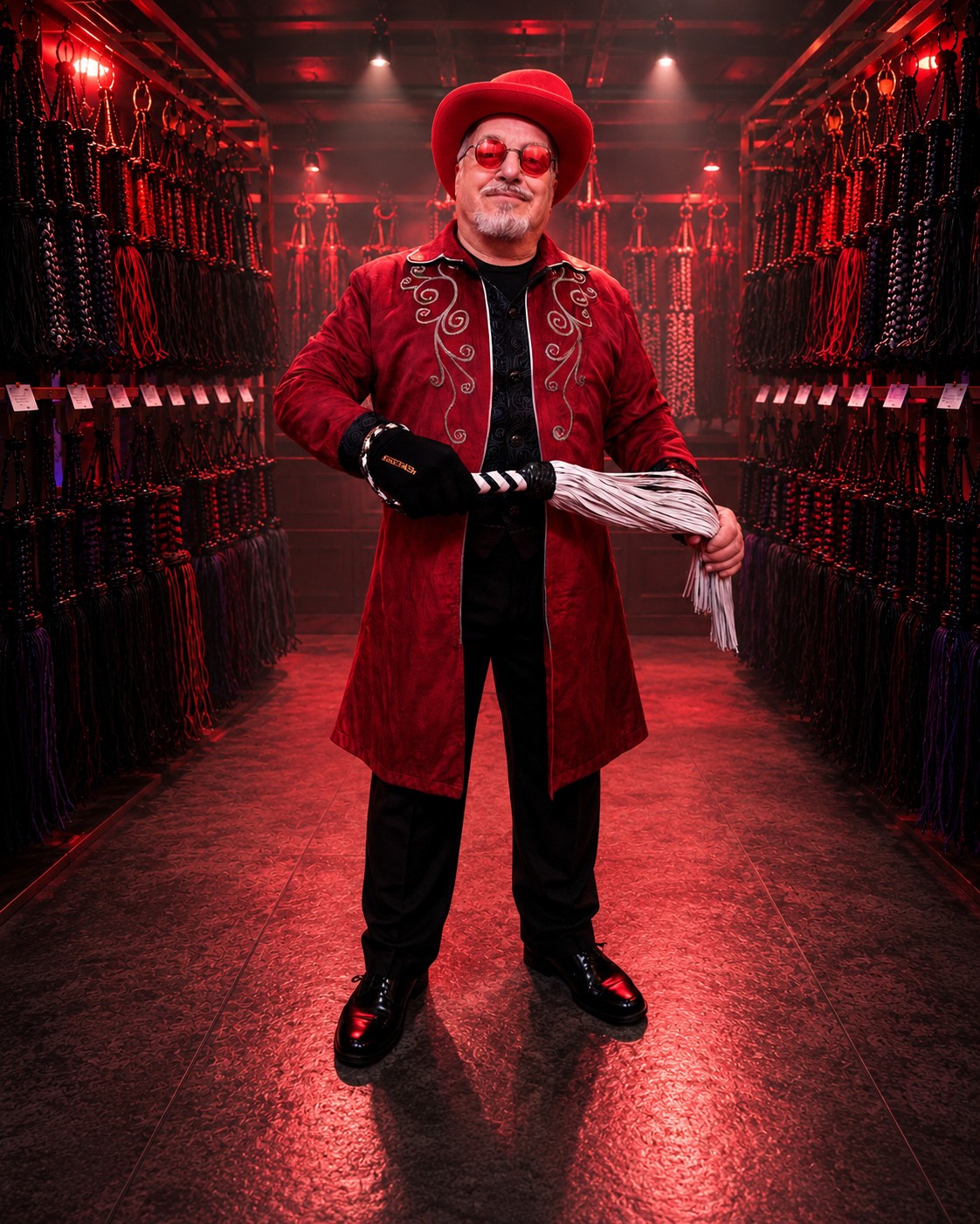 Spank Daddy wearing his signature red hat and red glasses in a red-lit sensual flogging setting