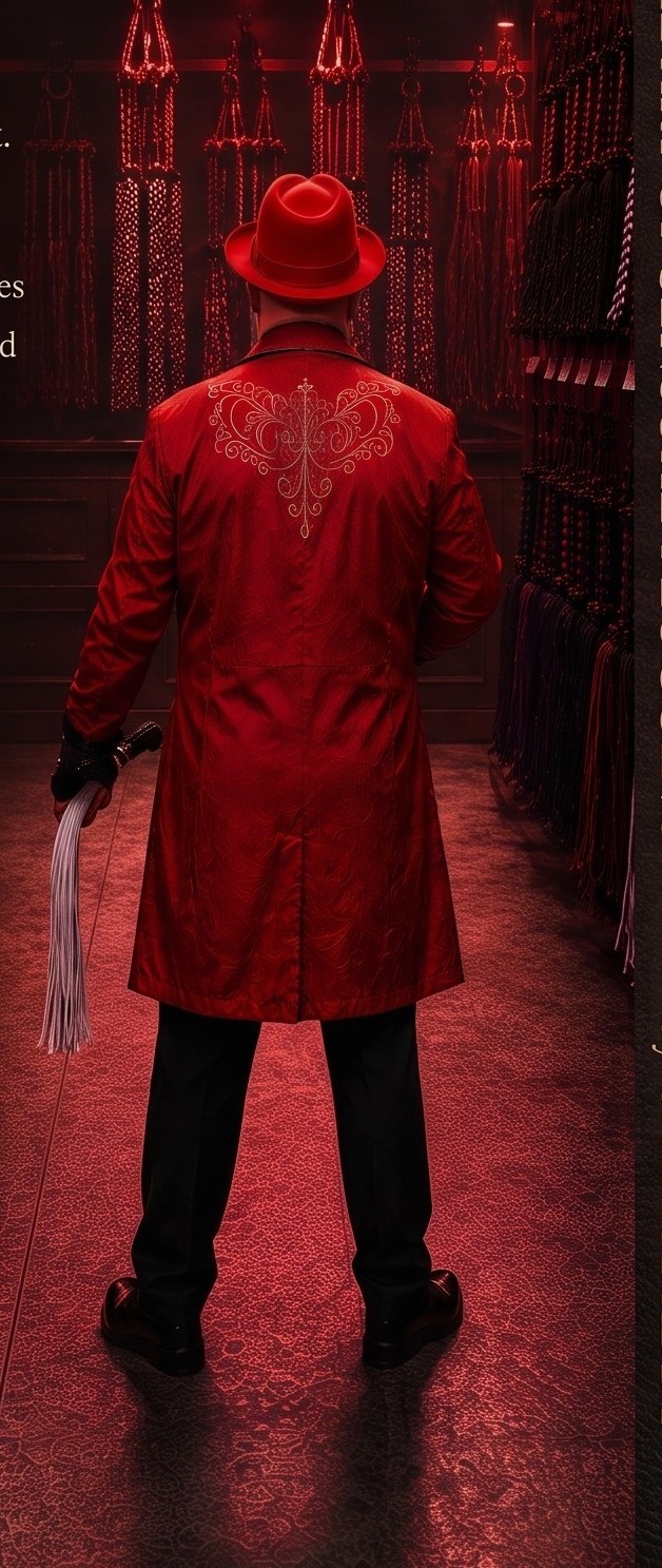 Spank Daddy shown from behind beside a display of floggers in a red-lit setting