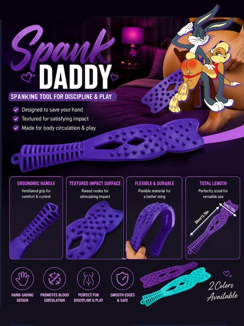 Purple Spank Daddy flexible textured impact paddle shown in the official product graphic